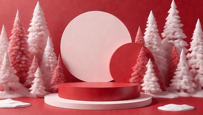 The primary subject of the image is a red circle, which is placed on a red surface. The setting is a forest with pink trees, creating a vibrant and lively atmosphere. The visual style is a combination of photo and digital art, giving the image a unique and eye-catching appearance. The dominant colors are red and pink, which contribute to the overall mood of the scene.